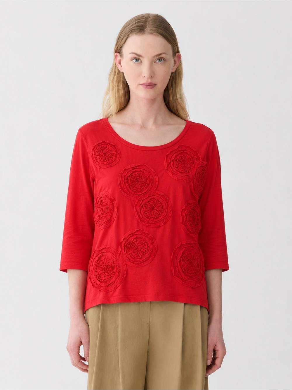 Lafayette 148 New York Beaded Floral Rosette Appliqué Top Red Women Size XL